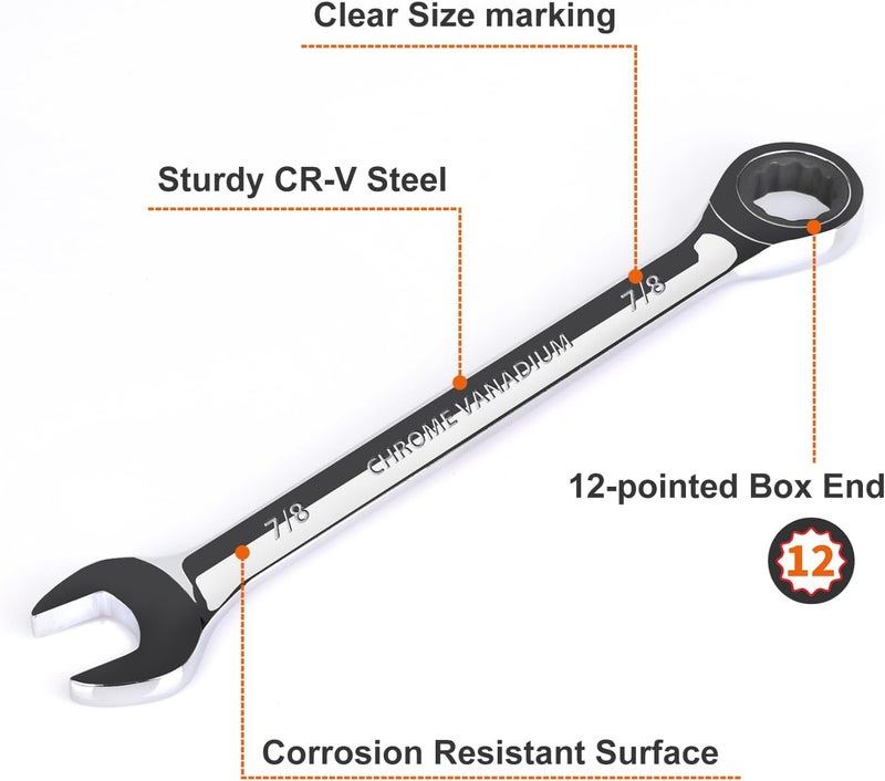 Egofine 7/8 inch Ratcheting Combination Wrench SAE, Industrial Grade Gear Spanner with 12-Point Design, 72-Tooth Ratchet, Chrome Vanadium Steel - Image 2
